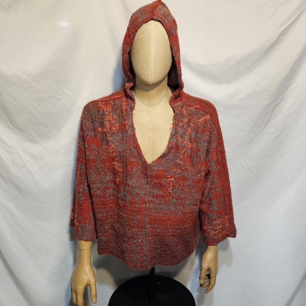 Free People Orange And Blue Pattern Comfy Knit Sweater With Hood Size XS
